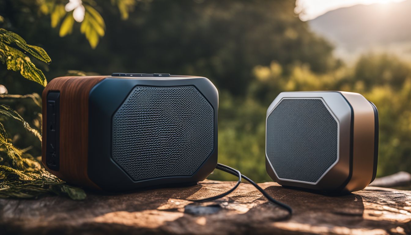 Three portable Bluetooth speakers in an outdoor setting.