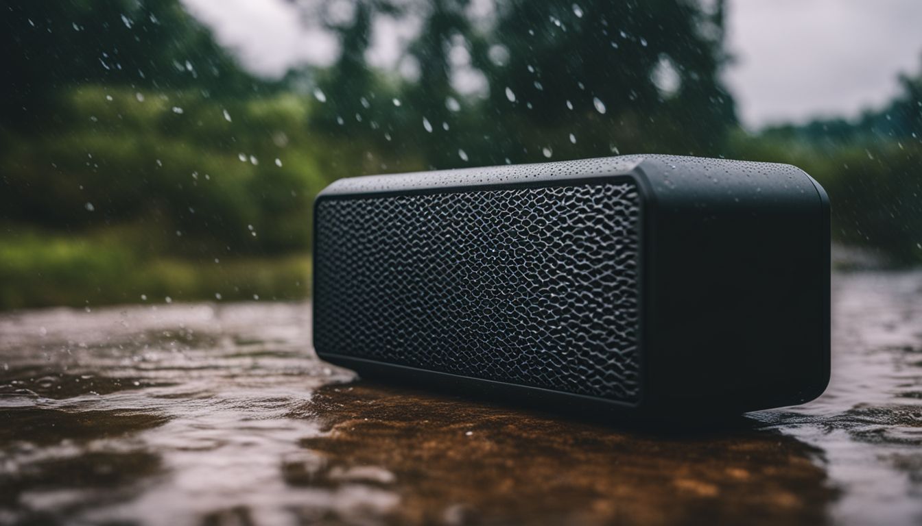 A portable Bluetooth speaker sits outdoors in the rain surrounded by nature.